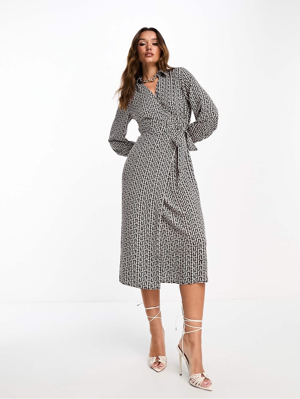 Laundry By Shelli Segal Black & White Geometric Wrap Midi Dress